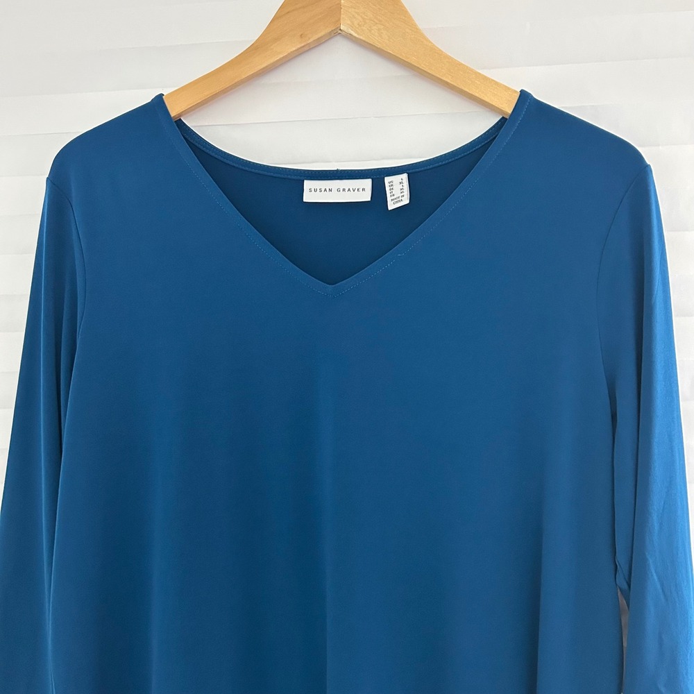 Susan Graver Liquid Knit V-Neck Tunic Top Teal Blue Chiffon Peplum Back Hem L - Picture 3 of 8